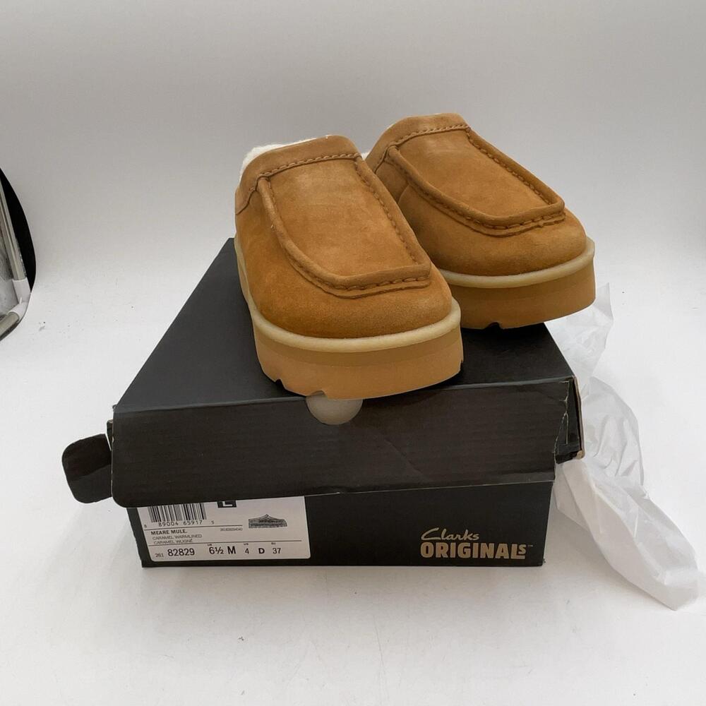 Clarks Meare Mule Shoes Womens Brown Suede Slip On Faux Fur Comfort Size 6.5